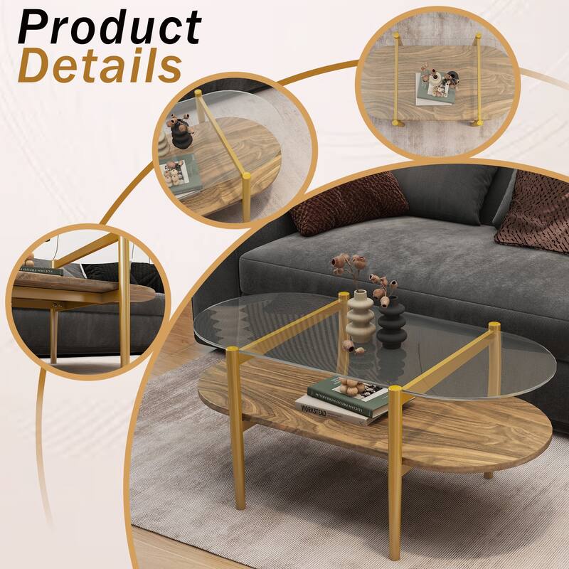 41 inch Medieval Modern Oval Glass Coffee Table, Double-Layer Storage with Transparent Top & MDF Base
