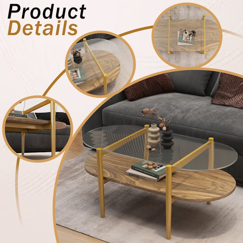 Oval Glass Coffee Table, 2-Tier Structure, Clear Glass Top and Walnut Finish Wood Shelf, Conical Legs with Gold Finish Frame