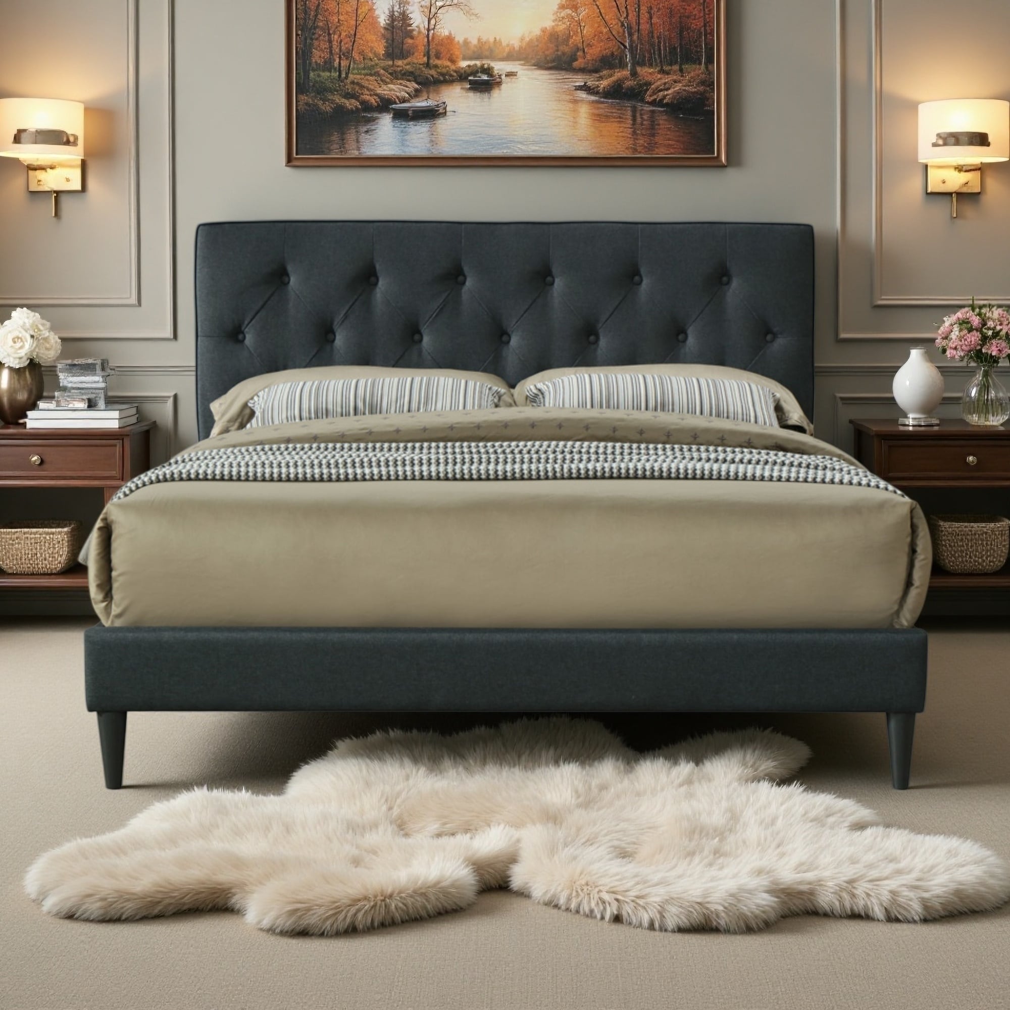 Upholstered Platform Bed with USB and Tufted Headboard