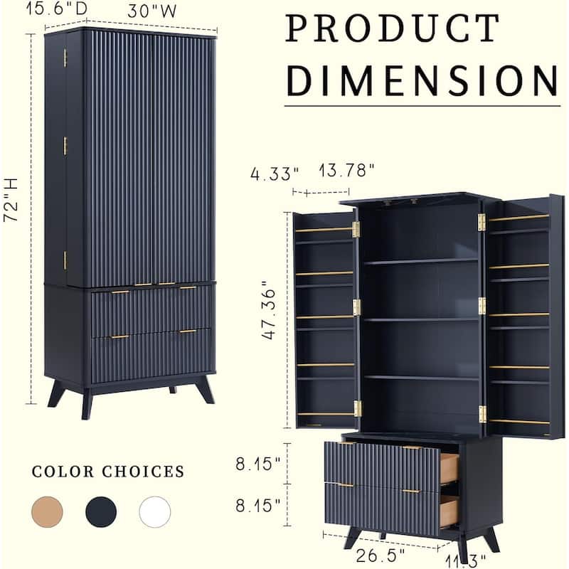 72" Tall Modern Fluted Pantry Cabinet, Storage Cabinet, Wood Cupboard
