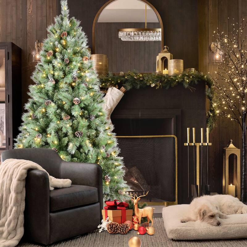 Artificial Christmas Tree - PVC & Hard Needle Branches, Pine Cones, Hinged Structure, Metal Stand - Green