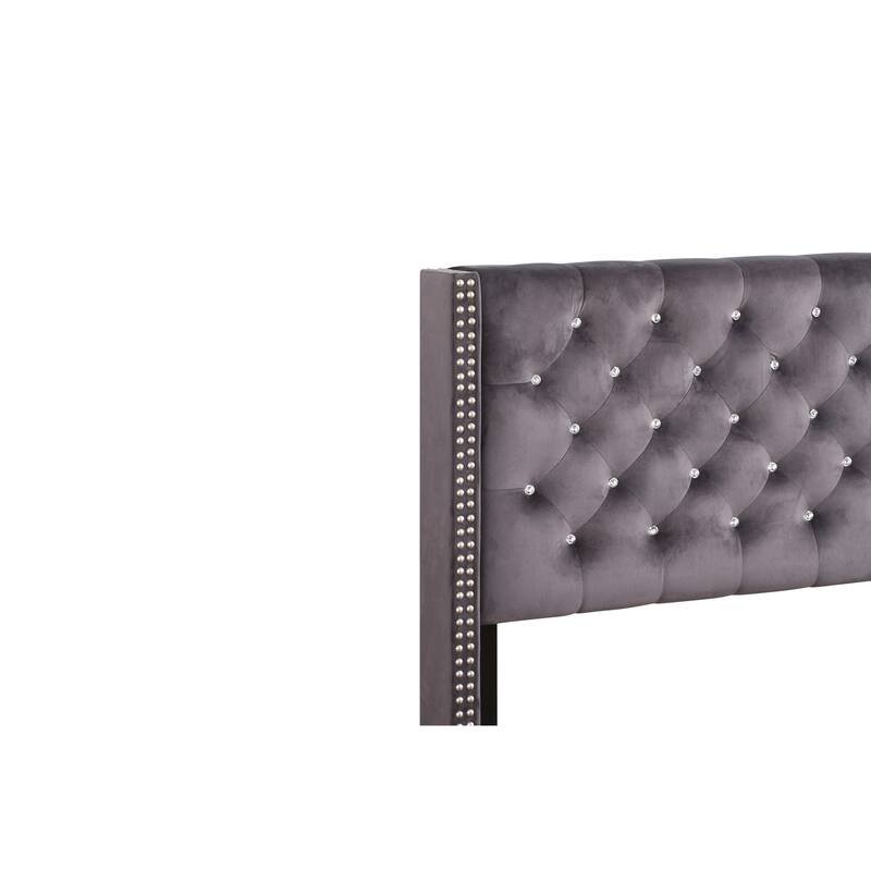 Queen Size Velvet Platform Bed with Foam-Padded Headboard and Transitional Design