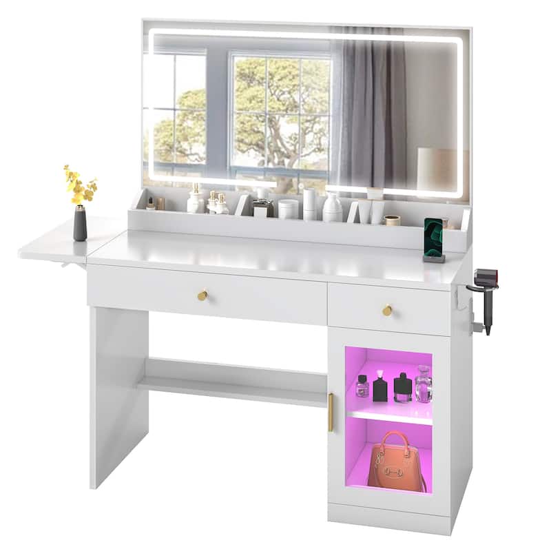 Moasis Makeup Vanity Desk with Mirror and RGB Lights & Extral Foldable Desk
