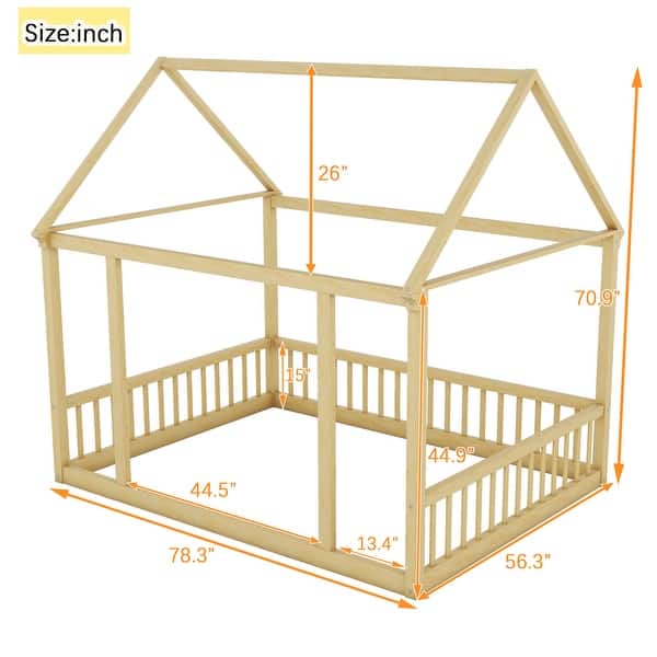 Natural Full Size Pine Wood Floor Wooden Bed with House Roof Frame and Safety Guardrails