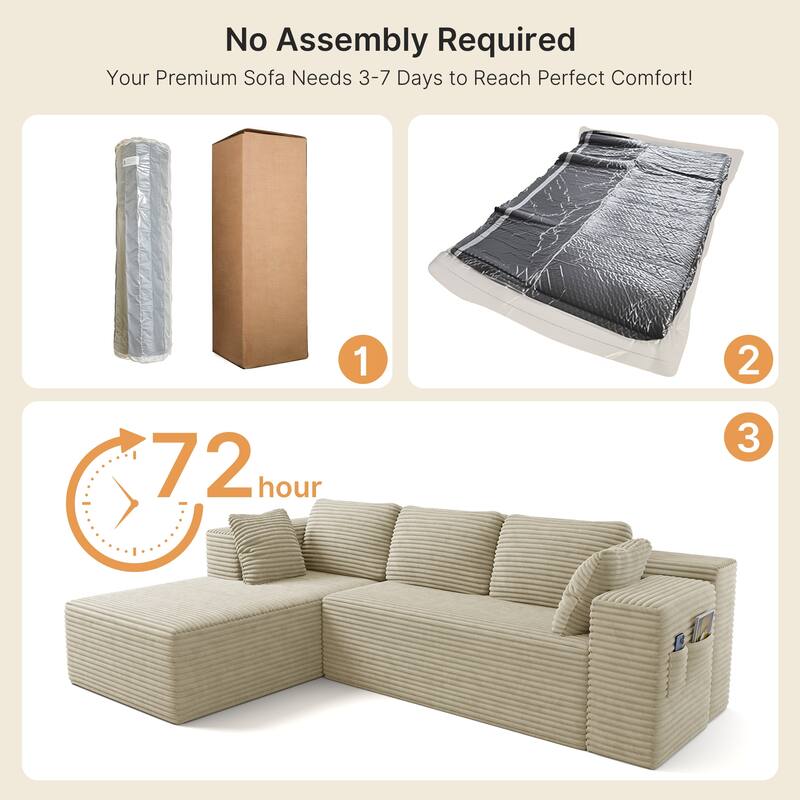 105" Cloud Sectional Couch with L-Shape Chaise, Modular Boneless Sofa, Upholstered Corduroy Couch