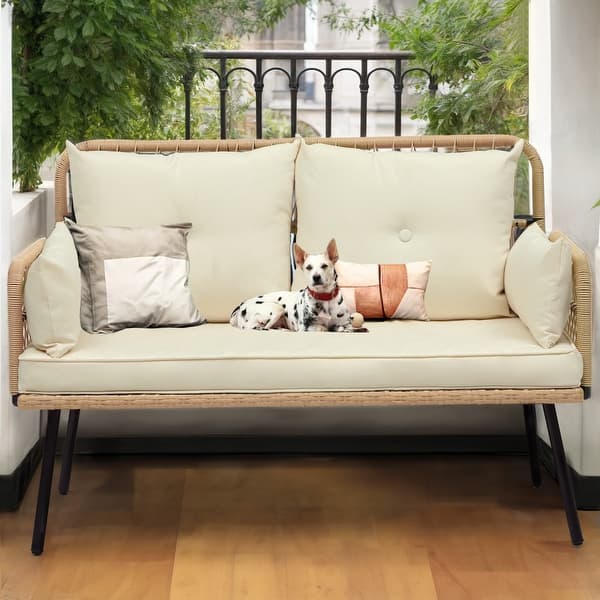 slide 2 of 9, Moasis 42.5'' Beige Outdoor Patio Rattan Loveseat with Cushion