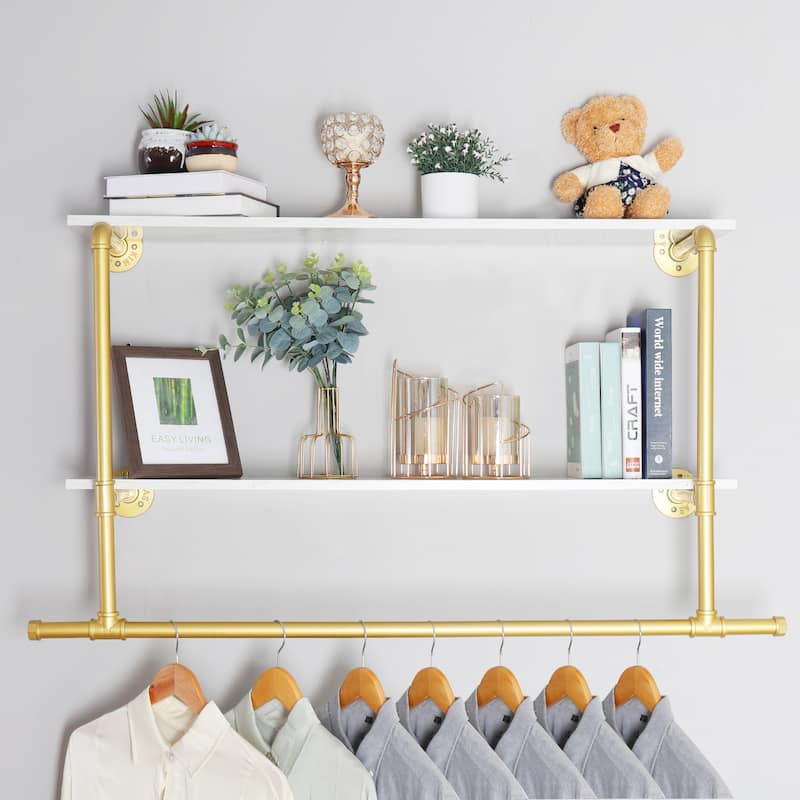 Wall Mounted Clothes Rack with Shelf Industrial Pipe Garment Rack Bar - 45.7x7.56x26.6 inch