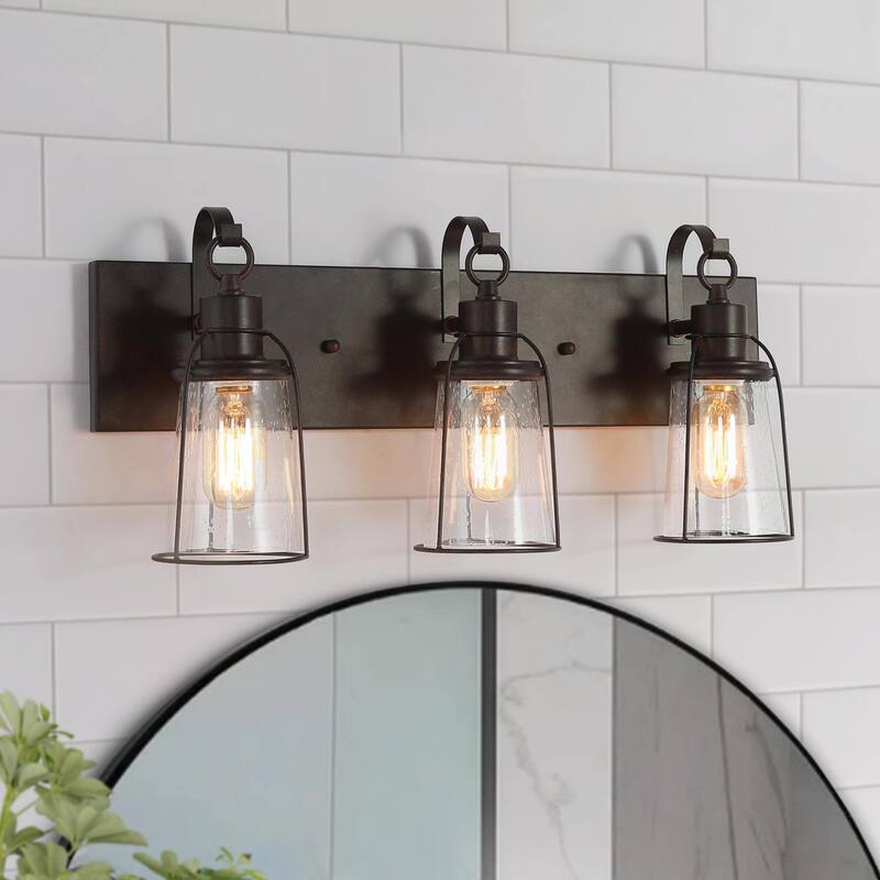 Farmsy Modern Farmhouse 3-Light Linear Glass Bronze Bathroom Vanity Lights Industrial Metal Wall Sconces - L22" x W6" x H 10"
