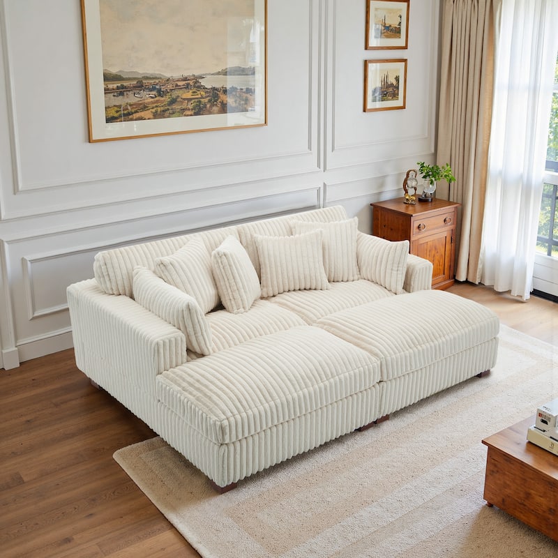 82" W Plush Corduroy Modular Sectional Sofa Chaise Lounge - White&2 Pillows