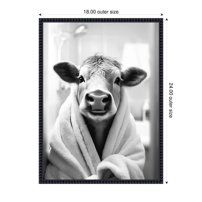 Kate and Laurel Sylvie Cow Bathroom Art Towel Robe Black and White Framed Canvas by The Creative Bunch Studio