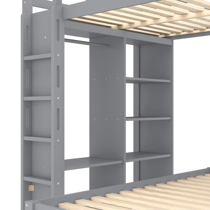 Full Over Twin Bunk Bed with Built-in Desk, Shelves and Wardrobe, Wood Bunk Bed Frame with Platform Bed and Loft Bed