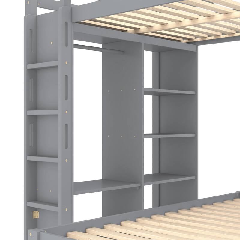 Roomfitters Full/Queen Solid Wood Bunk Bed with Dismountable Lower Bed, Desk, Shelves & Wardrobe, Convertible Loft