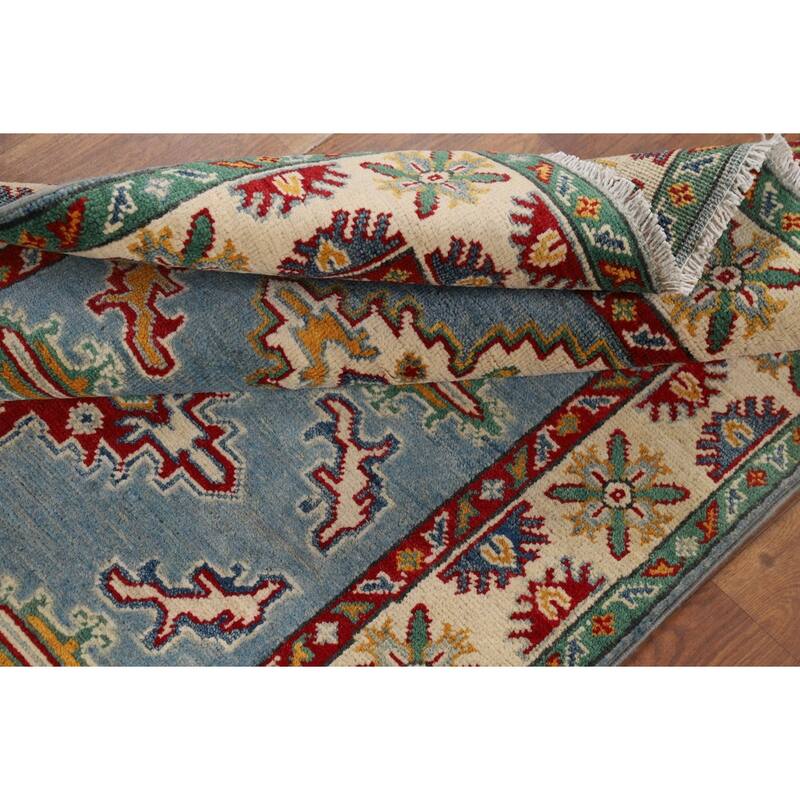 Light Blue Medallion Kazak Oriental Rug Hand-Knotted Wool Carpet - 3'5" x 4'10"