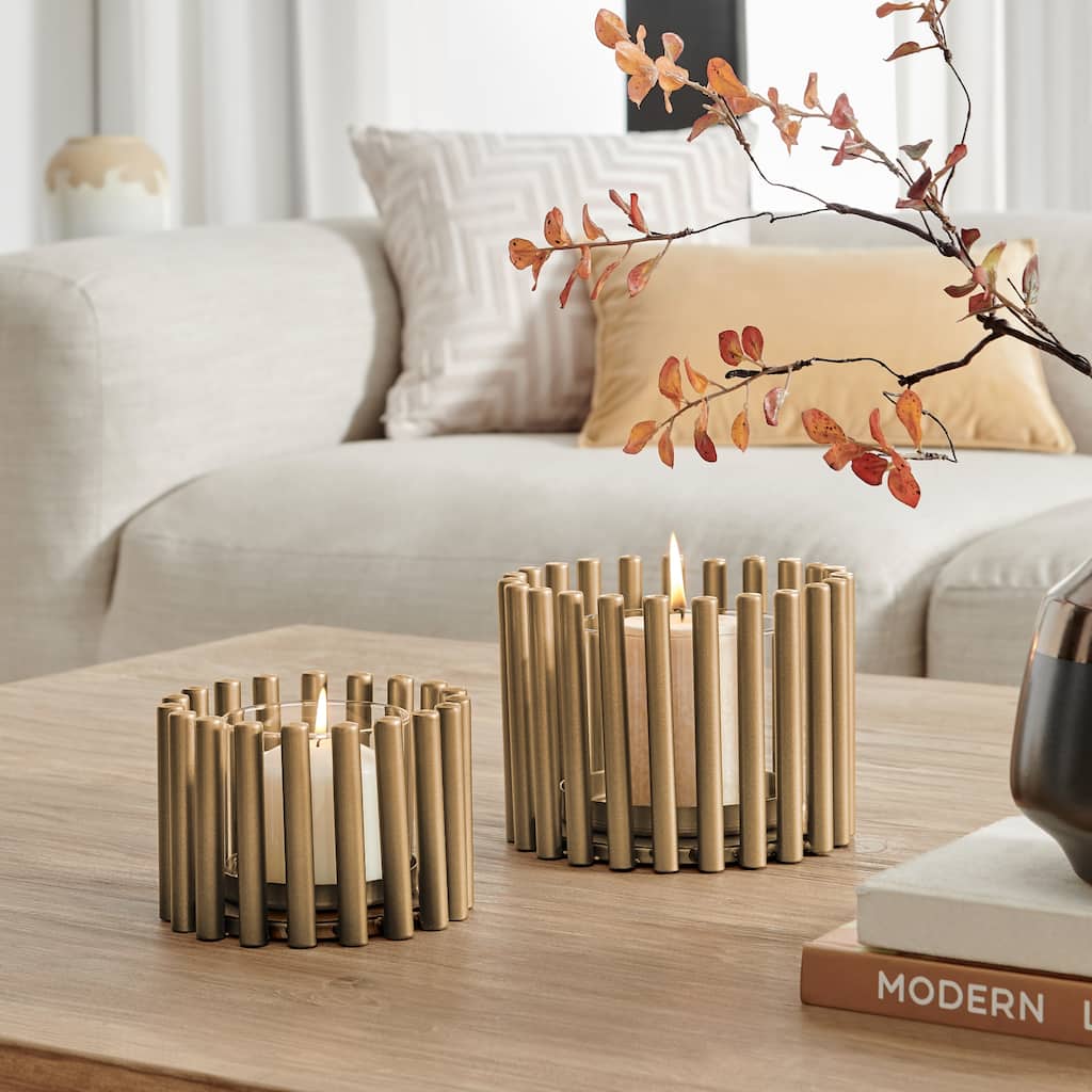 Pillar Ring Hurricane Candle Holders - 7.25" - Gold and Clear - Set of 2