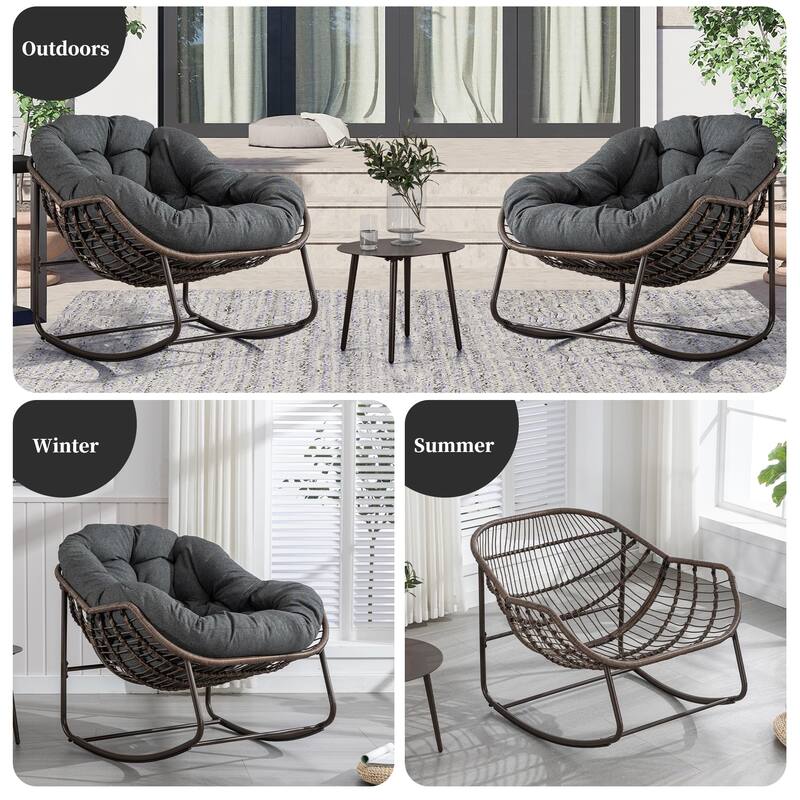 Outdoor Padded Cushion Rocking Chair, Patio Oversized Rattan Egg Chair