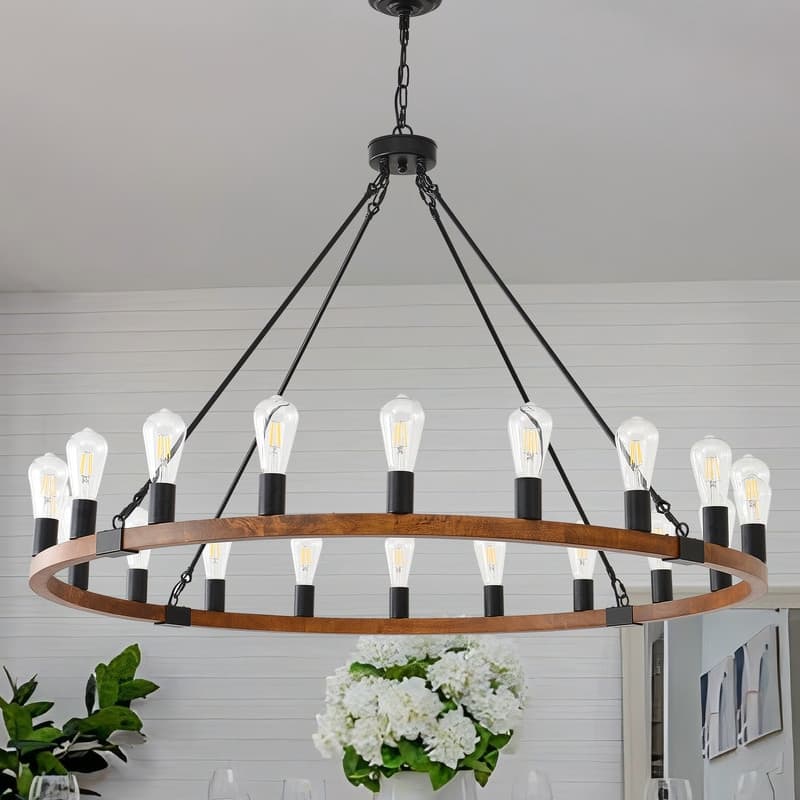 Farmhouse Wagon Wheel Chandelier - Rustic Wood & Metal Adjustable Pendant Light for Dining Rooms, Kitchens & Entryways - 47.2