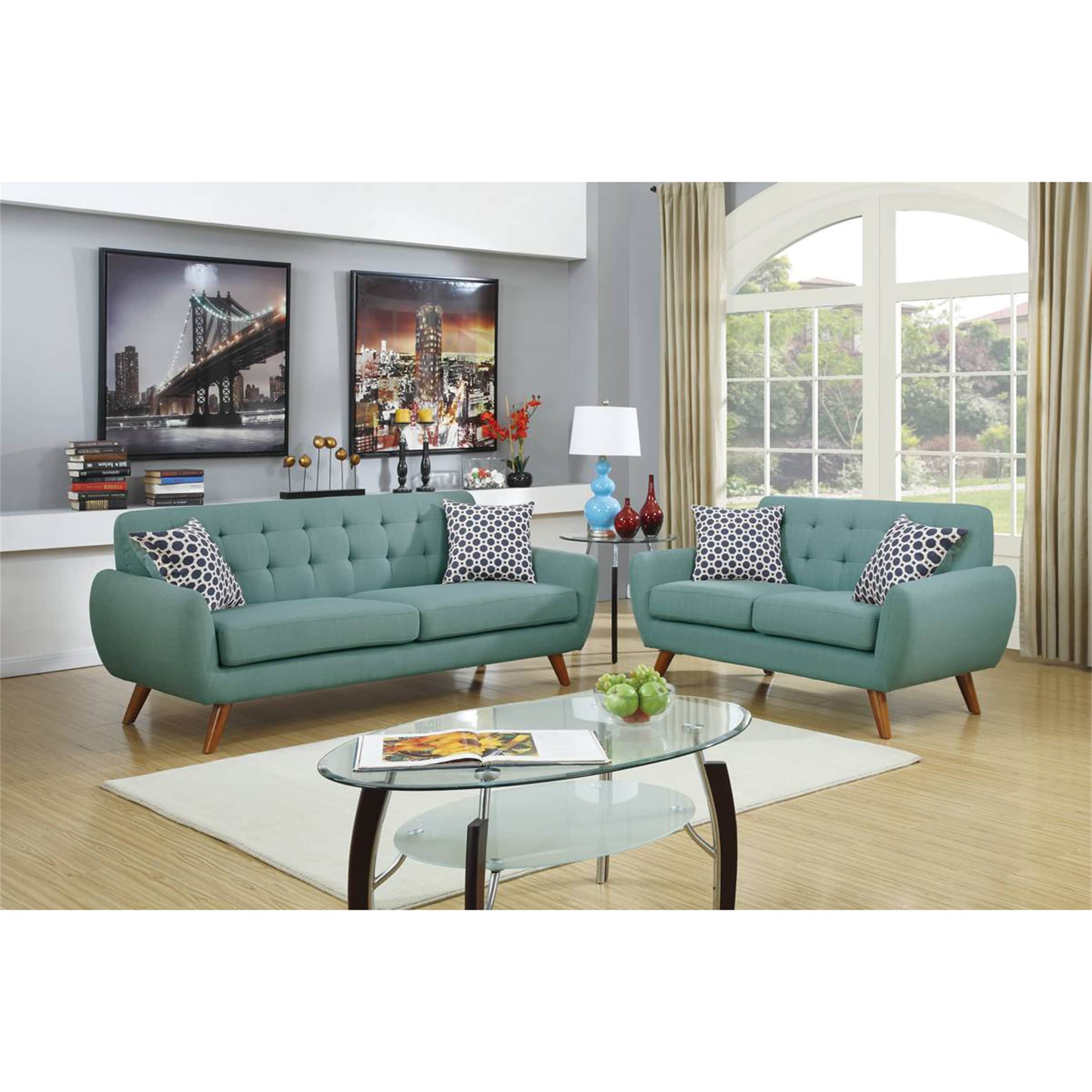 2pc Sofa Set Polyfiber Sofa Loveseat Plywood Tufted Pillows Laguna