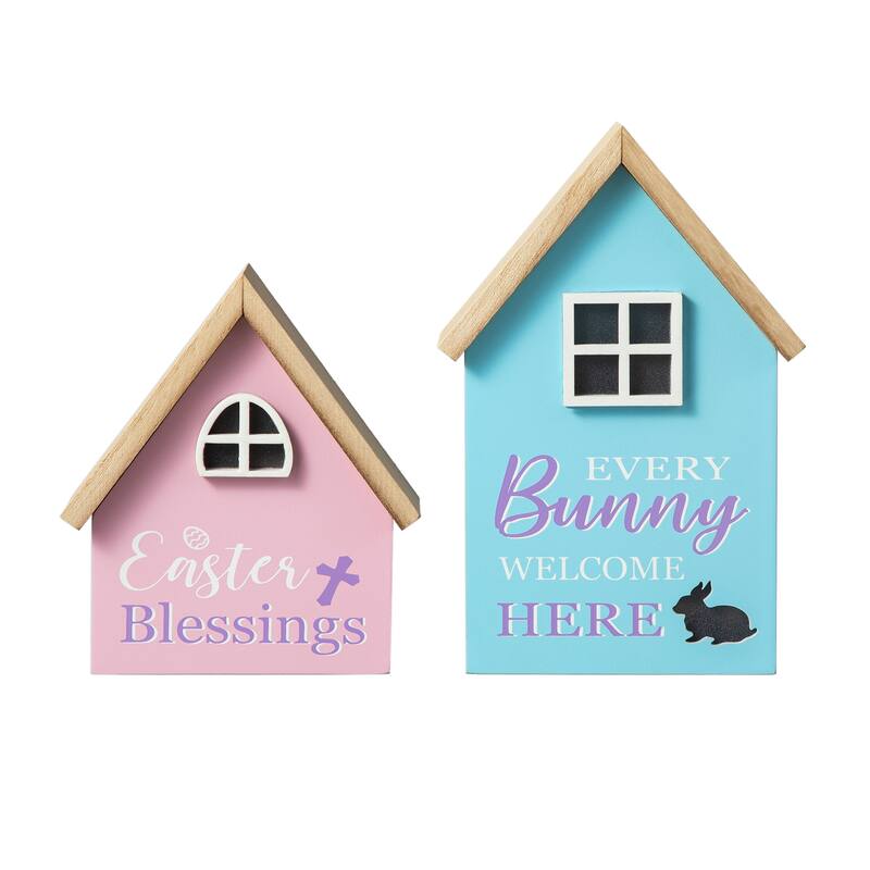 Glitzhome 6"/8"H Set of 2 Lighted Easter Wooden House-shaped Table Decor