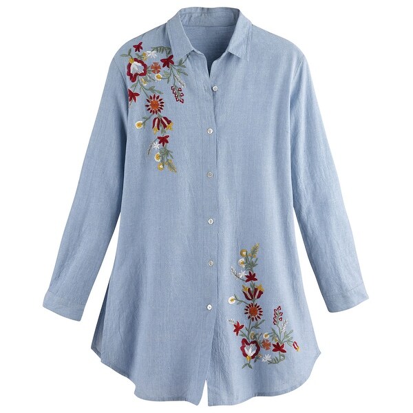 Catalog Classics Women's Embroidered Chambray Tunic Top- Floral Button ...