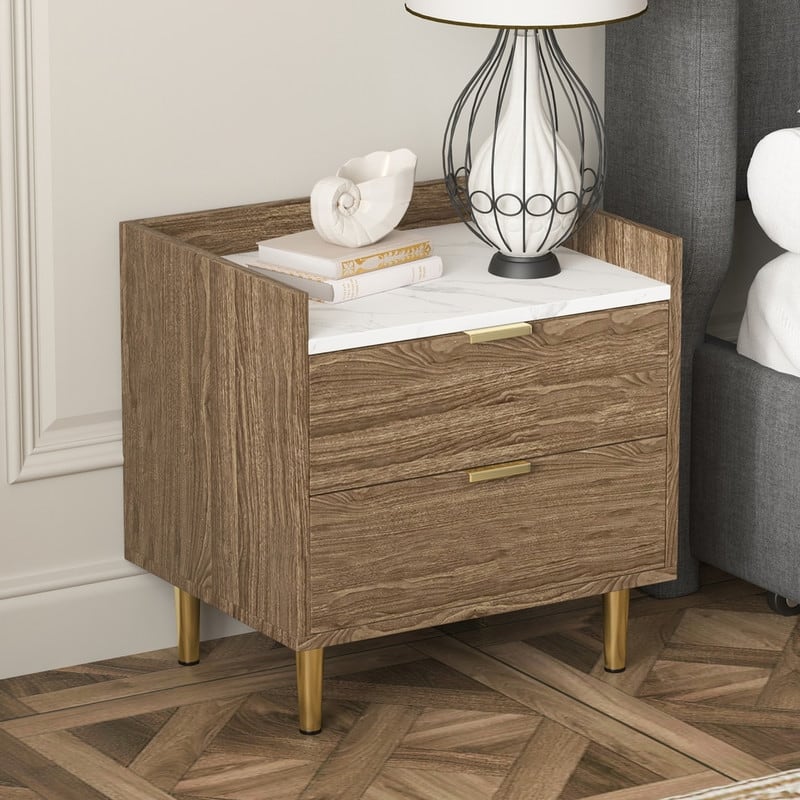 Wooden Nightstand with Marbling Worktop