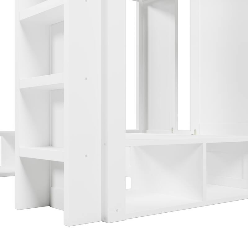 Triple Bunk Bed Frame, Twin + Twin Over Twin XL Size Bed with Storage Shelves, Hanging Hooks and Dual Ladders for Kids Room