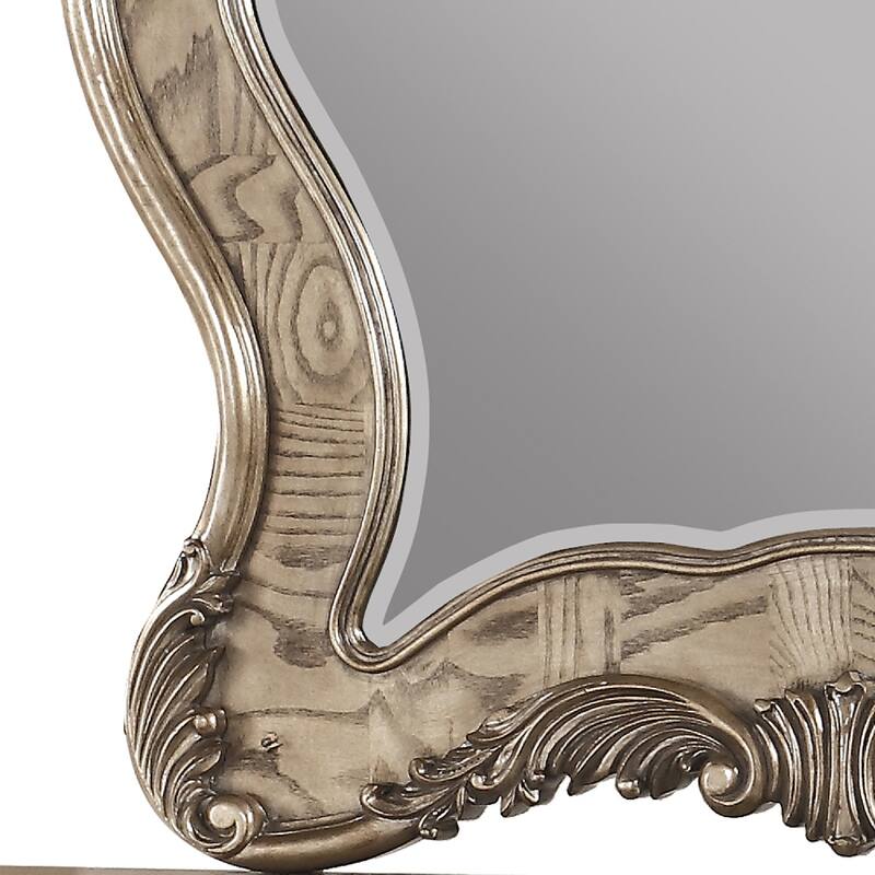 Wooden Mirror with Scrollwork Crown and Trim Details, Brown and Silver