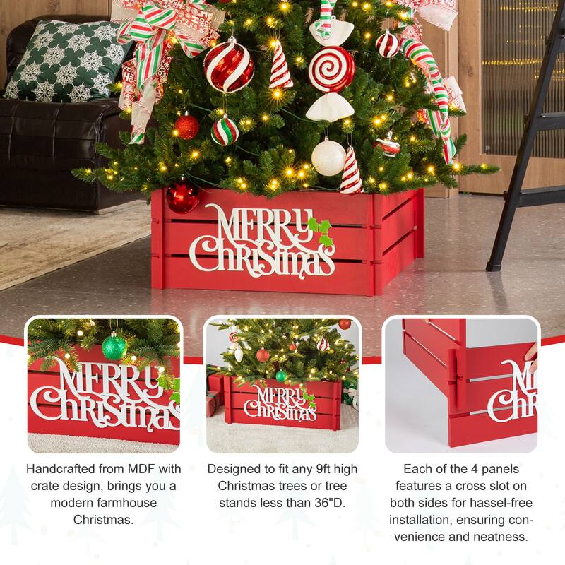 Glitzhome MERRY CHRISTMAS Solid Wood Crate Xmas Tree Collar