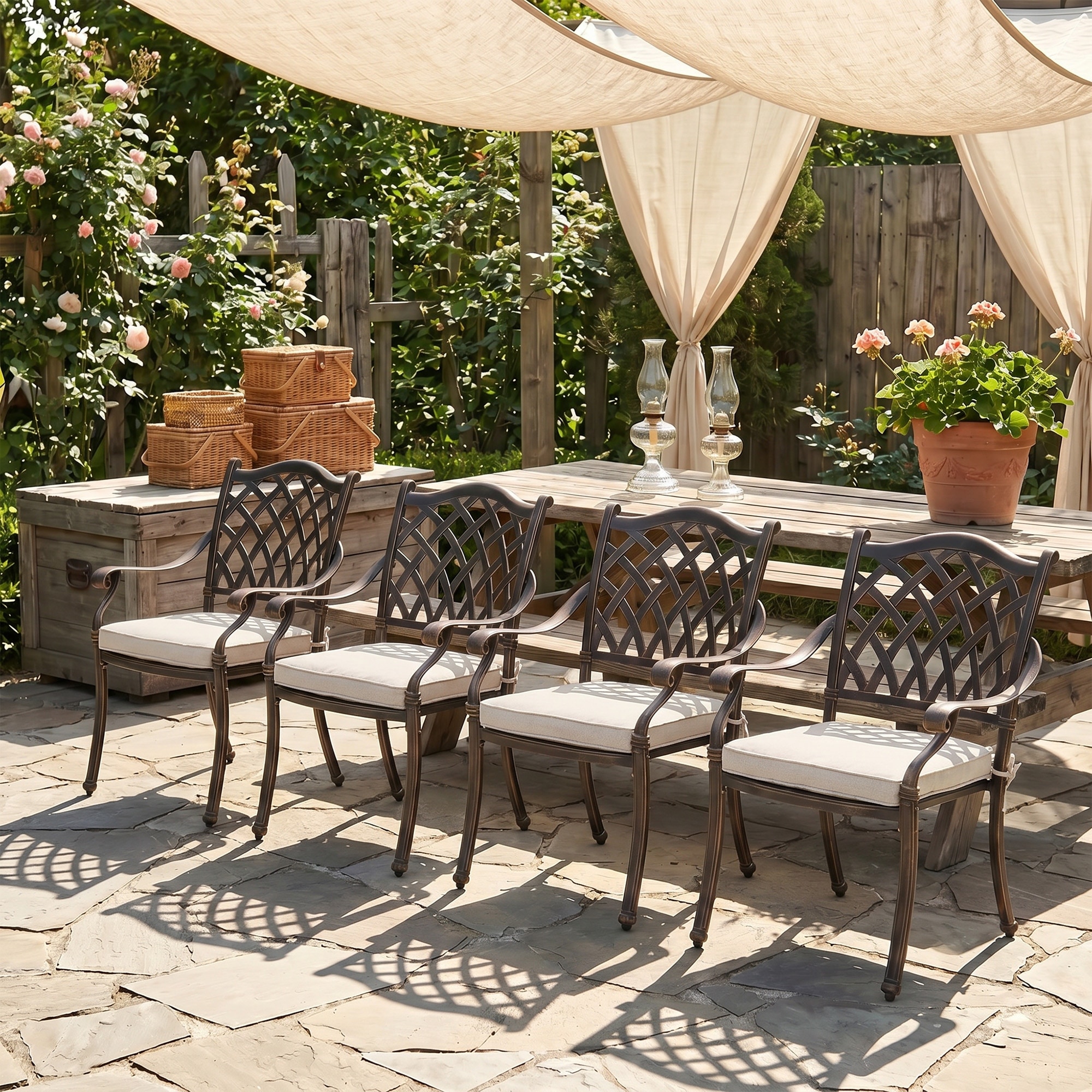 Outdoor Dining Chairs Bronze Cast Aluminum French European Inspired Design with Cushion Set of 4