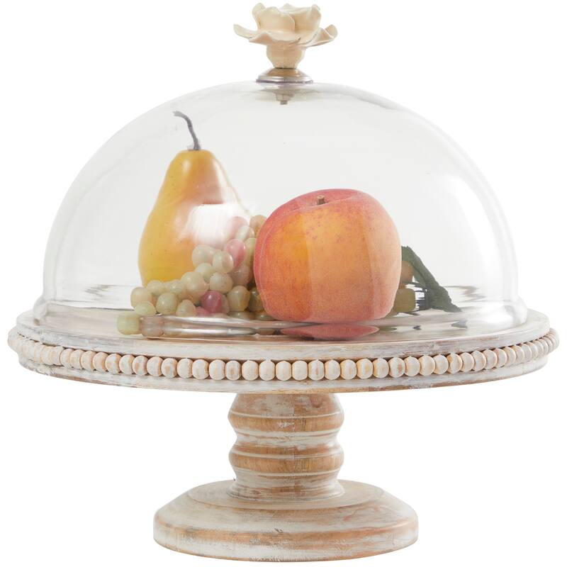 Cream Mango Wood Cake Stand with Glass Dome