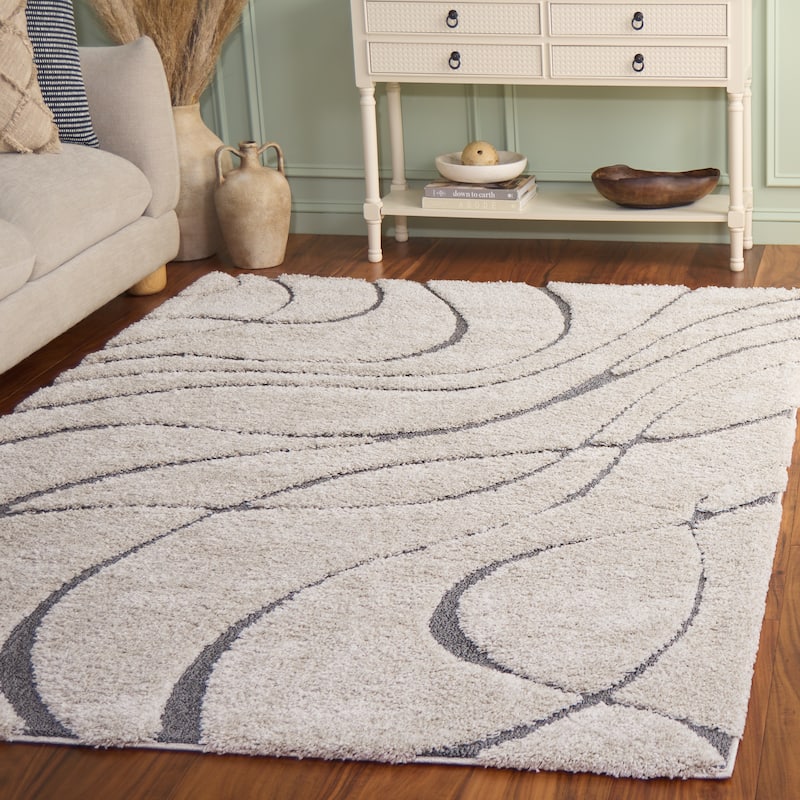 SAFAVIEH Florida Shag Staka Abstract Waves 1.2-inch Area Rug - 5'3" x 7'6" - Cream/Grey