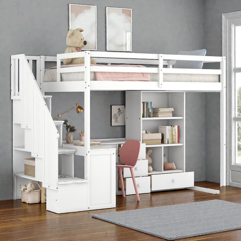 Twin Loft Bed with L Shaped Desk, Storage Stairs, Drawers and Cabinet, Space Saving Wood Loft Bed