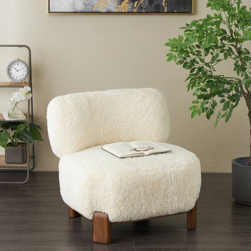 White Polyester Living Room Accent Chair with Brown Wooden Legs - White