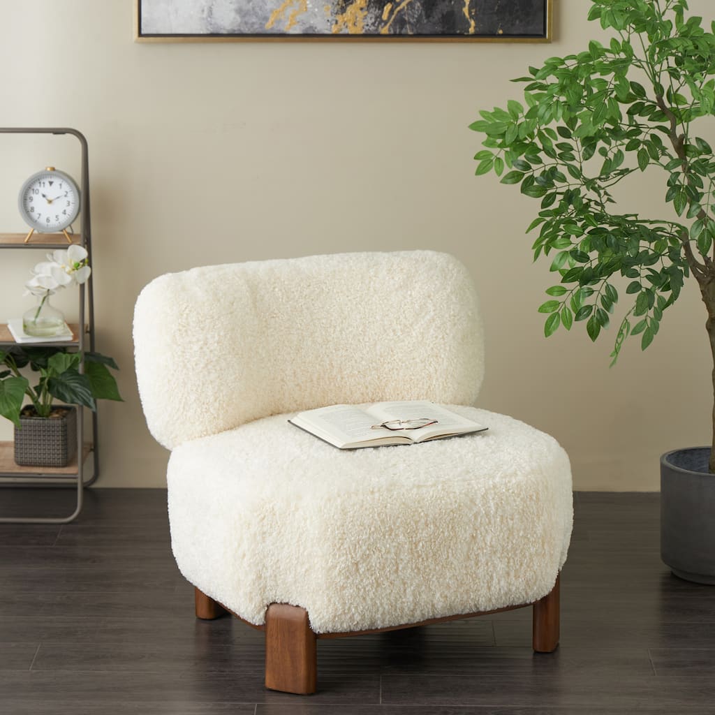 White Polyester Living Room Accent Chair with Brown Wooden Legs