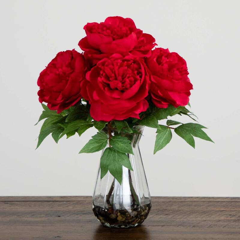 Peony Floral Artificial Arrangement with Glass Vase - 16" - Red and Green