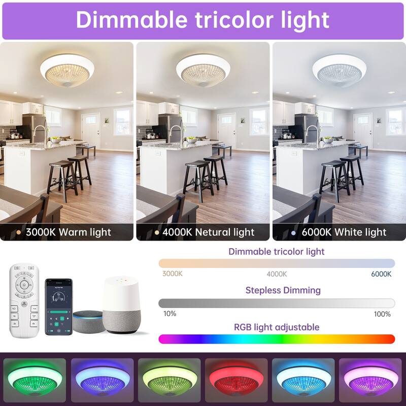 15"/19''/20"/42" RGB Color Dimmable LED Ceiling Fan with APP & Remote Control 6 Wind Speed, with Bluetooth Speaker Optional