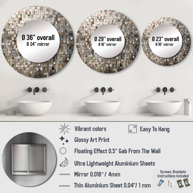 Designart "Brown And White Bohemian Medley" Boho Mosaic Wall Mounted Round Large Mirror - Modern Large Mirror Wall Décor