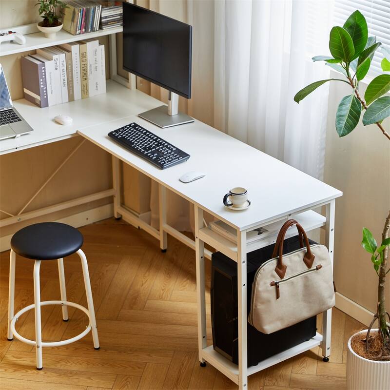 94.5" L Shape Home Office Desk with Storage Shelves and Stool