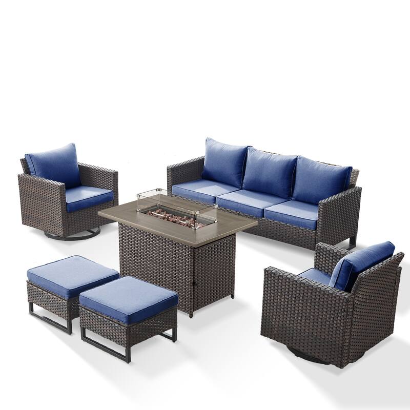 Outdoor Sofa 2 Swivel Chairs Ottomans and Fire Pit Table