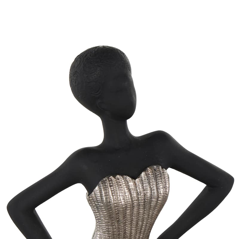 Black Polyresin Dancer Decorative Sculpture with Silver Dress - 6"W x 6"L x 14"H
