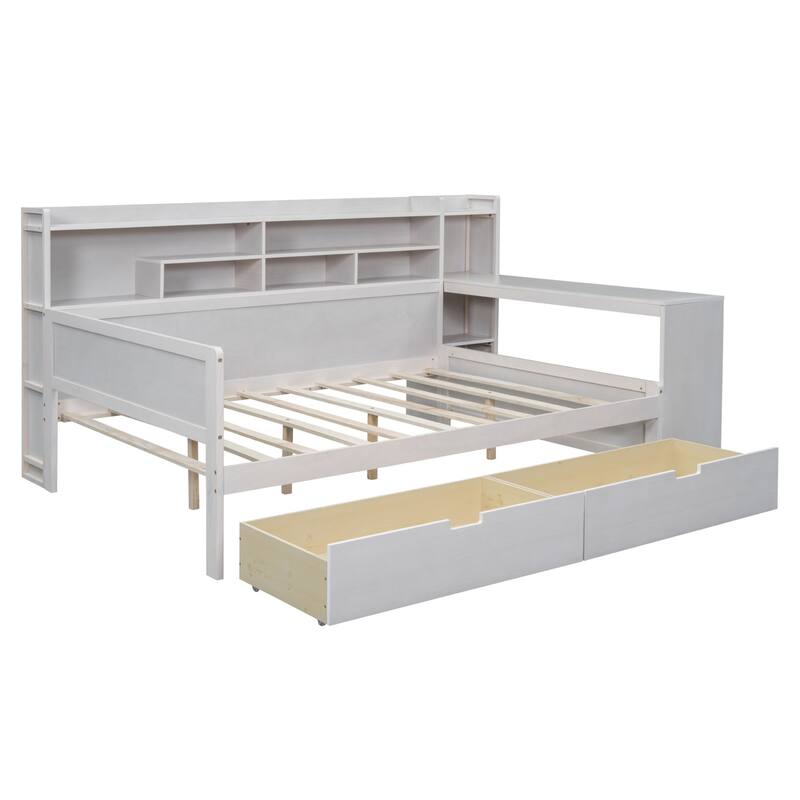 Wooden sofa bed with two storage drawers and desk