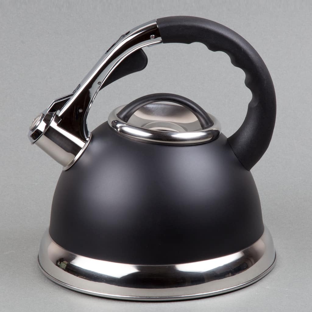 Creative Home Camille 3.0 Quart Stainless Steel Whistling Tea Kettle with Aluminum Capsulated Bottom, Opaque Black Color