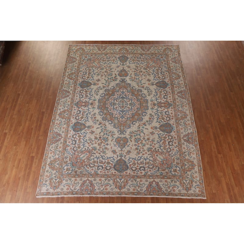Hand Knotted Oriental 100% Wool Carpet Traditional Floral Beige & Ivories Tabriz Area Rug - 12' 9'' X 9' 9''