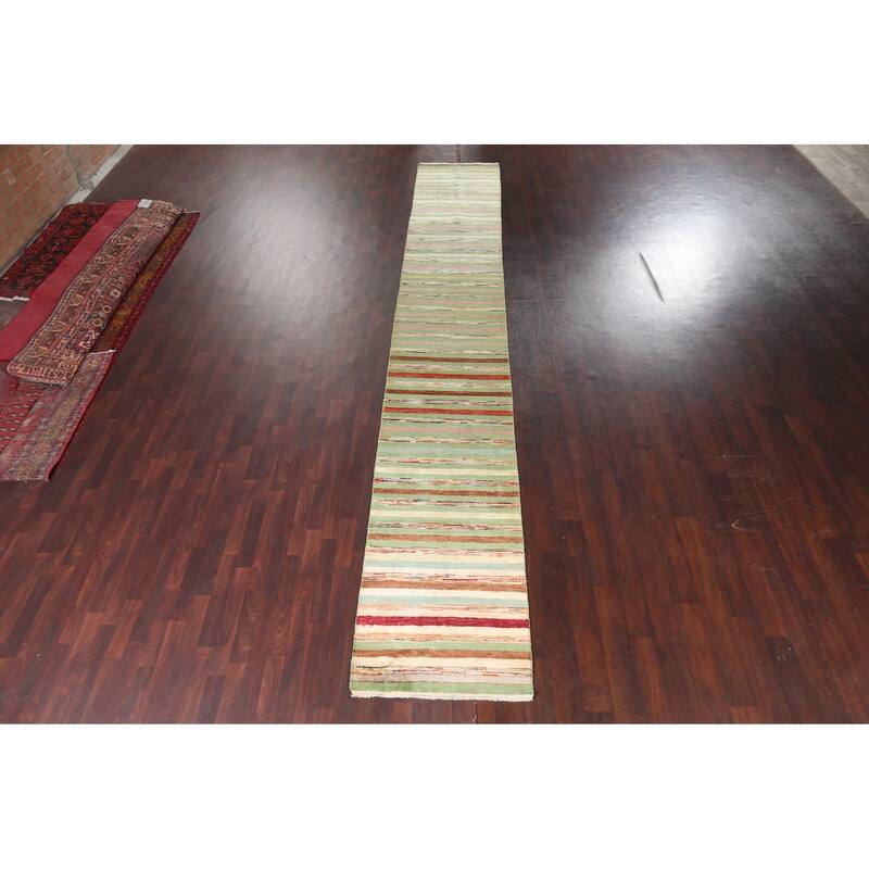Green Striped Gabbeh Kashkoli Oriental Wool Runner Rug Hand-knotted - 2'8" x 17'9"
