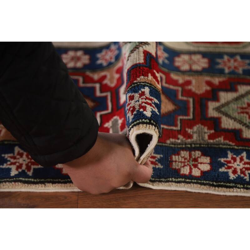 Hand Knotted Oriental 100% Wool Carpet Traditional Geometric Beige & Ivories Kazak Area Rug - 9' 7'' X 6' 7''