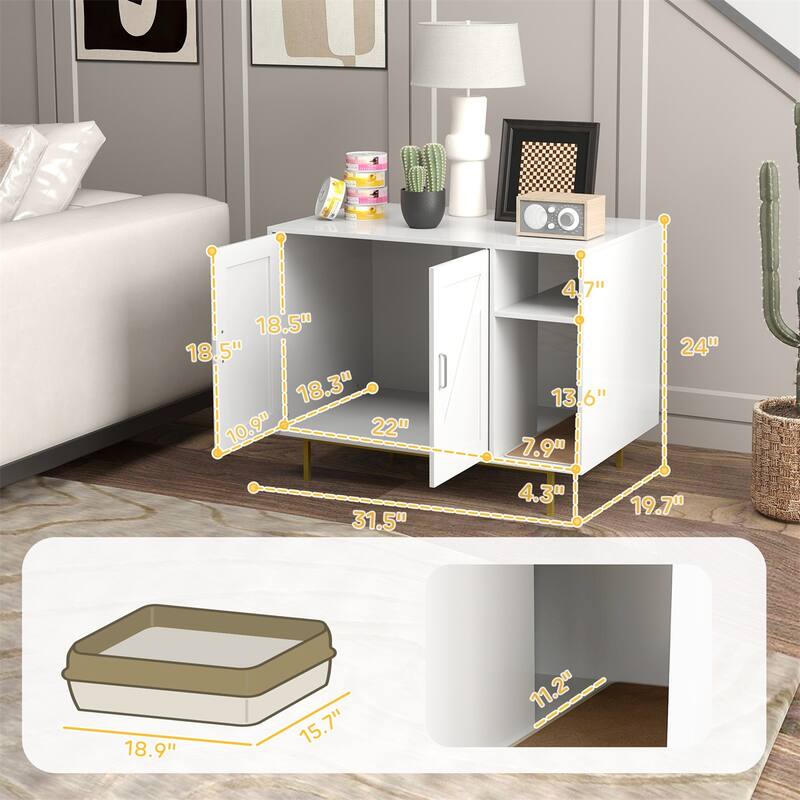 White Cat Litter Box Enclosure with Storage Scratching Mat and Cozy Hidden Cat Condo