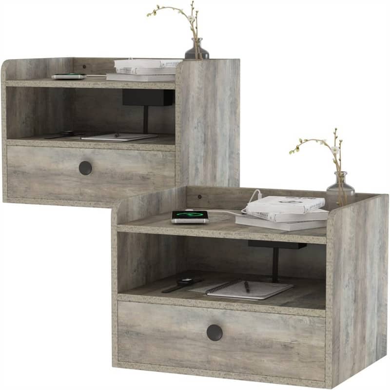 Floating Nightstand Set of 2 with Charging Station and Storage Drawer Wall Mounted - 11.5"D x 15.8"W x 11.5"H
