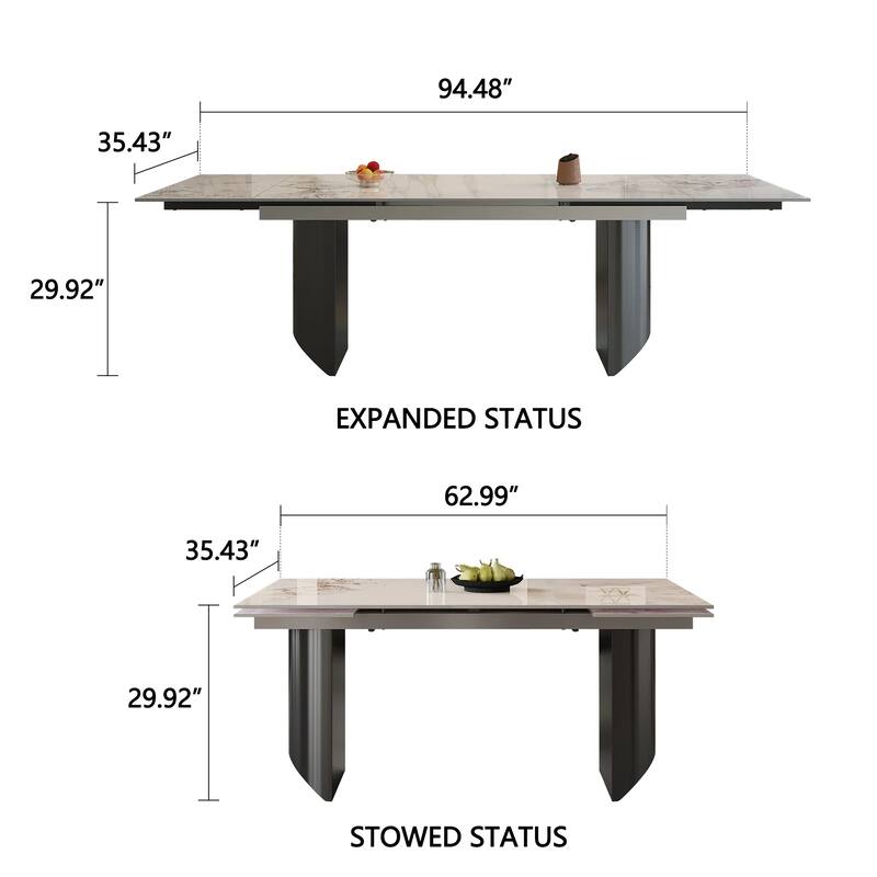 94.48" Extendable Rectangular Sintered Stone Dining Table For 6-10 Person