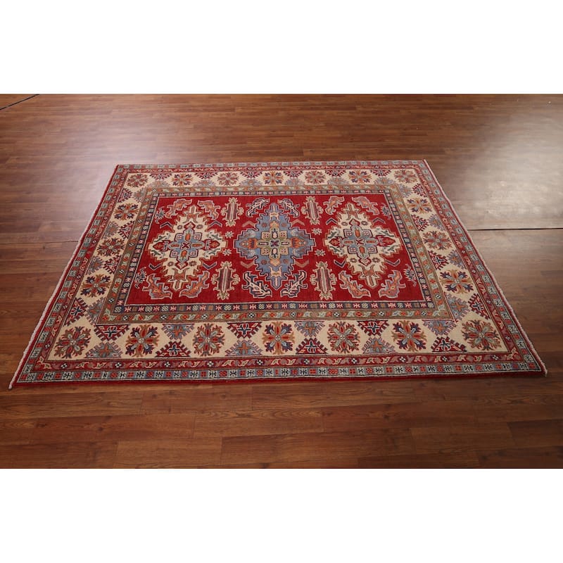 Red Geometric Kazak Area Rug Hand-Knotted Traditional Wool Carpet - 4'10" x 6'9"