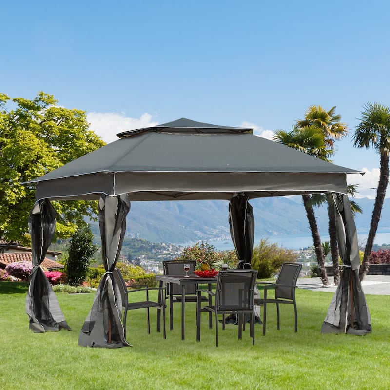 Outsunny 11' x 11' Pop Up Gazebo Canopy with 2-Tier Soft Top, and Removable Zipper Netting, Event Tent with Storage Bag - Dark Grey