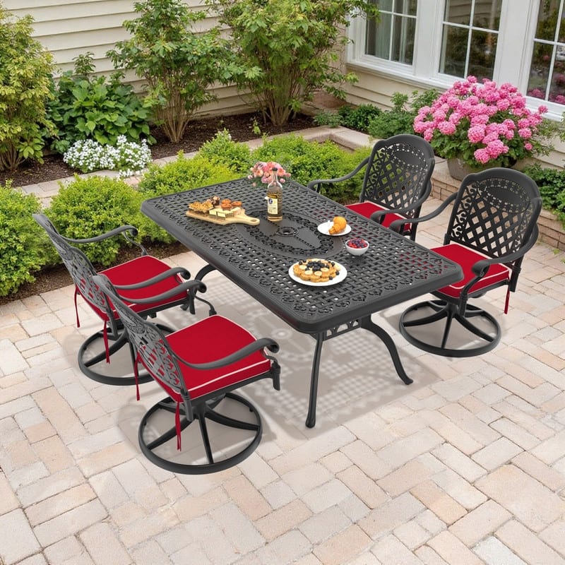 5-Piece Aluminum Rectangular Outdoor Patio Dining Set, 4 Cushioned Swivel Chairs, Table, All-Weather Frames - Black